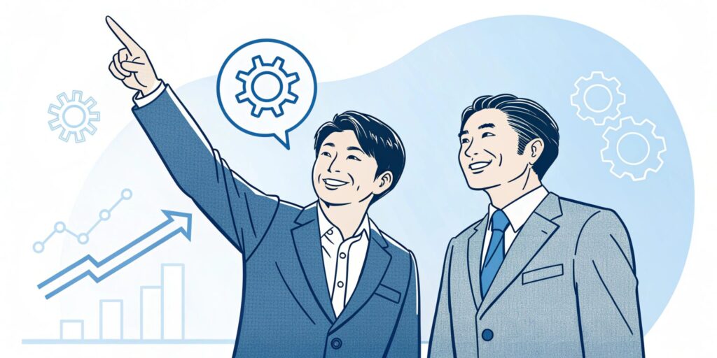 Minimalist illustration style. A friendly Japanese consultant in his late 30s and a Japanese SME president in his 50s are standing side-by-side, pointing forward together. They are looking towards a glowing, simple icon representing business growth (like an upward arrow or a gear). They are both dressed in smart casual attire. The background is a clean, light blue gradient. The feeling is optimistic, collaborative, and forward-looking.