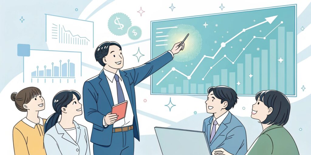 A realistic vector illustration in a clean, professional style. Focus on a diverse group of Japanese business people (male and female, various ages) in a bright, modern office setting. One central figure, a confident Japanese executive, points towards a large, glowing digital screen displaying abstract data visualizations and growth charts. Surrounding them are subtle elements like connecting lines or light trails, symbolizing data flow and innovation. The overall mood should be optimistic and forward-looking, emphasizing problem-solving and strategic planning. Soft, modern color palette with blues, greens, and subtle warm accents. No visible text on the screen or in the image.