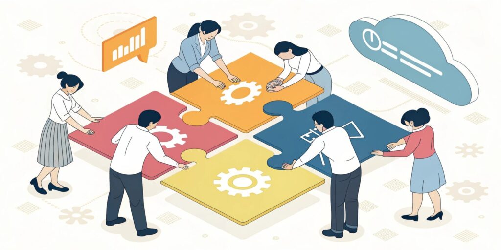 An isometric vector illustration depicting a diverse team of Japanese office workers around a central table. They are collaboratively assembling large blocks or puzzle pieces, each with a simple icon (like a gear, a cloud, a chart) symbolizing different business operations. The overall image represents teamwork and the integration of technology. Clean, bright color palette with a corporate feel. --style isometric illustration, tech concept