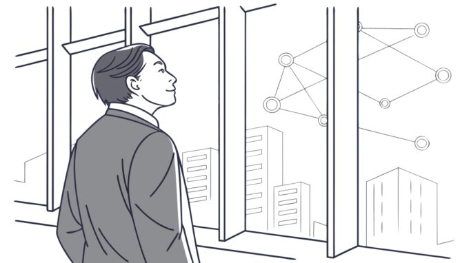 photorealistic style, a middle-aged Japanese businessman in a sleek, modern office, looking thoughtfully out a large window. Outside the window, an abstract, glowing visualization of data streams and interconnected nodes overlays the city view, representing LLM technology. The mood is forward-thinking, calm, and strategic. Clean and sharp details, corporate aesthetic, minimal text.