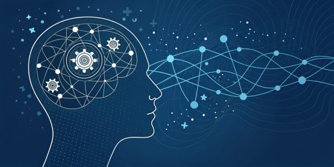 Conceptual artwork of a human head in profile. Inside the head, chaotic lines and ideas are being neatly organized and structured, transforming into a single, glowing, logical data stream that flows outwards towards an abstract AI symbol. This represents the concept of 'prompt engineering' as organizing thoughts for AI. Style of minimalist, futuristic, infographic illustration on a dark blue background.