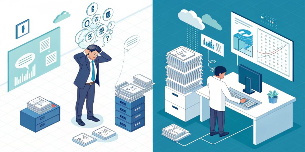Isometric vector illustration representing digital transformation. Split composition. On the left: a messy office with piles of paper documents, tangled wires, and a stressed Japanese businessman in a suit holding his head. On the right: a clean, futuristic workspace with floating holographic data screens, organized server blocks, and a confident Japanese CEO shaking hands with a male consultant. Professional corporate color palette, navy blue, white, and cyan. Clean lines, no text, high quality.