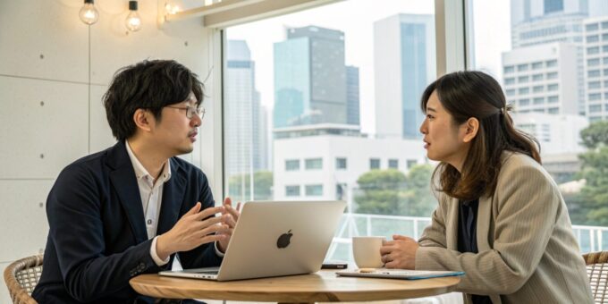 A candid photo of two Japanese tech professionals, a man and a woman, engaged in a deep, serious discussion in a stylish, contemporary co-working space in Japan. There are no screens or monitors present. They are gesturing with their hands, looking at each other with focused expressions, as if envisioning future concepts. The background features a clean, minimalist Japanese interior and large windows overlooking a modern urban skyline. The atmosphere is intelligent and forward-looking.