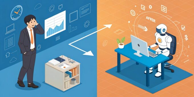 A split-screen isometric illustration showing a 'before and after' scenario in a modern Japanese office. On the left half, a stressed middle-aged Japanese male manager in a messy office is looking disappointedly at a confused, inactive robot. On the right half, the same manager is confident in a clean, high-tech office, collaborating smoothly with a glowing, efficient AI hologram that is generating charts. A glowing arrow connects the center. Tech illustration style, trustworthy blue and orange color palette. No text.