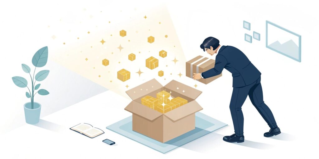 Isometric 3D illustration of a Japanese businessman in a suit opening a dusty old cardboard box in a simple office. Glowing golden digital cubes, data particles, and gems are floating out of the open box like treasure. Soft lighting, clean vector style, white background, corporate blue and gold colors, no text, high quality.