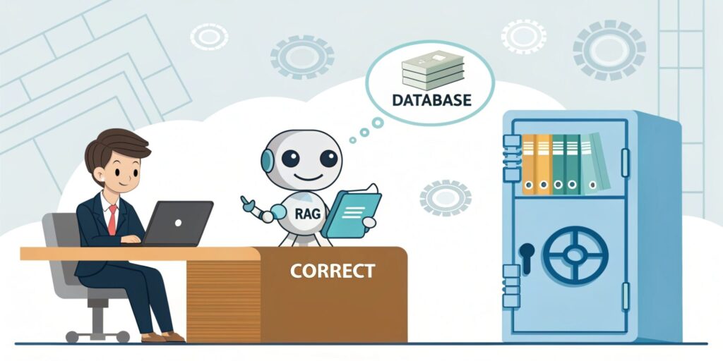 Style: Flat design infographic, clear lines, professional tone suitable for a Japanese corporate website. Scene: An AI assistant character (a sleek, friendly bot) sits at a desk with a Japanese businessperson. Action: Instead of answering immediately, the AI is reaching back towards a large, secure digital bookshelf or vault icon labeled 