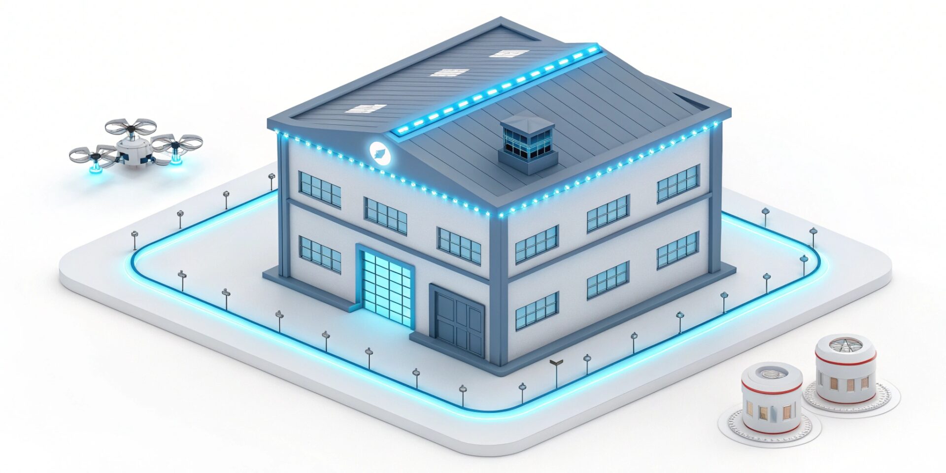 A conceptual isometric 3D render. A traditional Japanese white "Kura" warehouse building standing on a digital platform. The building is being powered by glowing blue fiber optic cables and small floating cute robot helper drones. The atmosphere is clean and modern, white background, soft shadows. High tech meets tradition.
