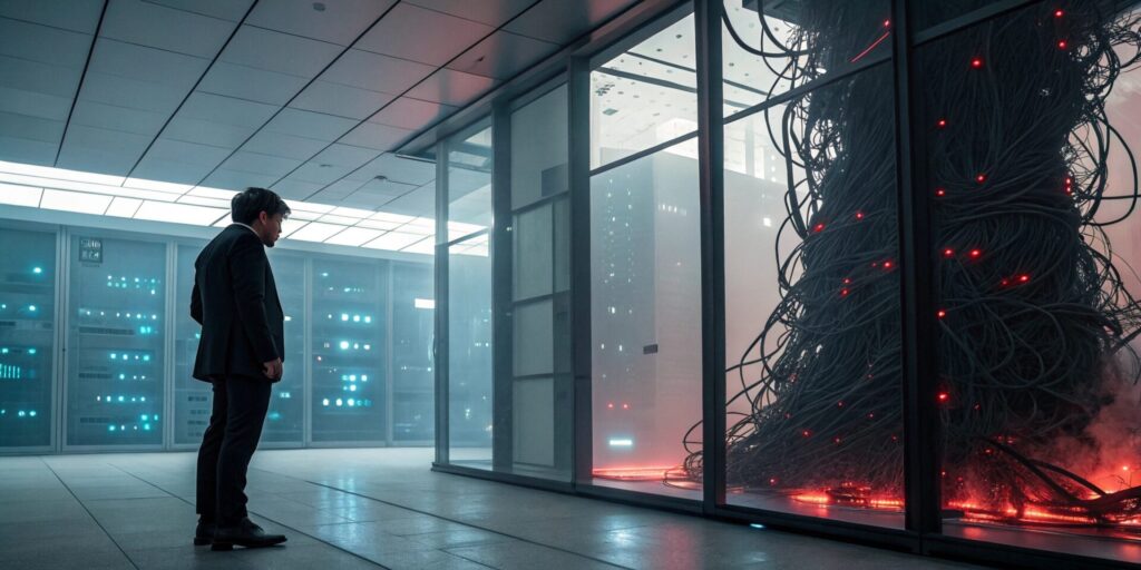 A conceptual photograph representing the choice between risky and safe AI. A Japanese businessman stands in the center of a high-tech corporate lobby in Tokyo. To his left is a massive, chaotic, dark, tangled structure of wires and glowing red lights representing an uncontrolled 