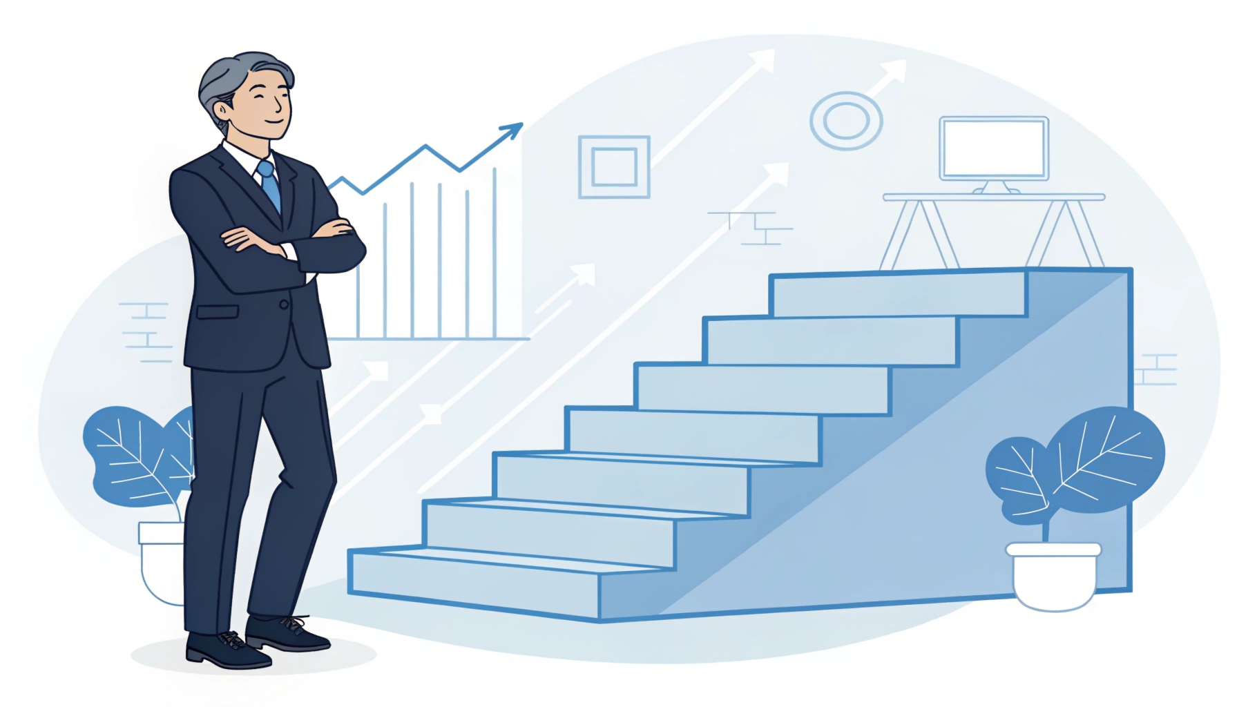 A flat vector illustration of a Japanese male CEO in his 50s, wearing a dark suit, confident posture. He is standing next to a large, stylized ascending staircase or path that consists of three clear steps. The steps represent a project roadmap. The background is a simple, modern corporate office environment with abstract digital elements. Blue and white color palette. Clean lines, minimalist design, professional atmosphere, no text.