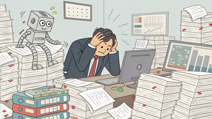 Editorial illustration style, slightly satirical. A chaotic Japanese office environment filled with piles of unorganized paper documents, binders, and computer screens displaying cluttered, complex spreadsheets (representing 