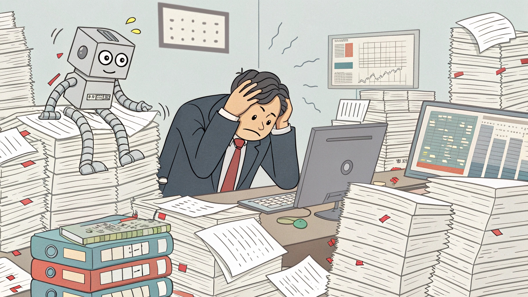 Editorial illustration style, slightly satirical. A chaotic Japanese office environment filled with piles of unorganized paper documents, binders, and computer screens displaying cluttered, complex spreadsheets (representing "Kami-Excel"). A middle-aged Japanese male office worker in a suit is holding his head in frustration. In the center, a robot character representing AI is looking completely confused with swirling eyes and question marks around its head, tangled in a mess of data cables and paper. The overall mood is overwhelmed and disorganized.