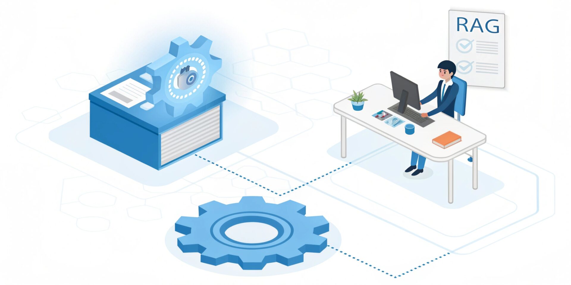 Prompt: > Isometric 3D illustration of a single glowing blue digital gear connecting to a simple business document icon. The background is a clean, professional office desk with a Japanese businessman's silhouette. High-tech but grounded in reality. Soft cinematic lighting, corporate blue and white color palette. Minimalist text on a small tag saying "RAG". Vector style, clean lines, high quality.