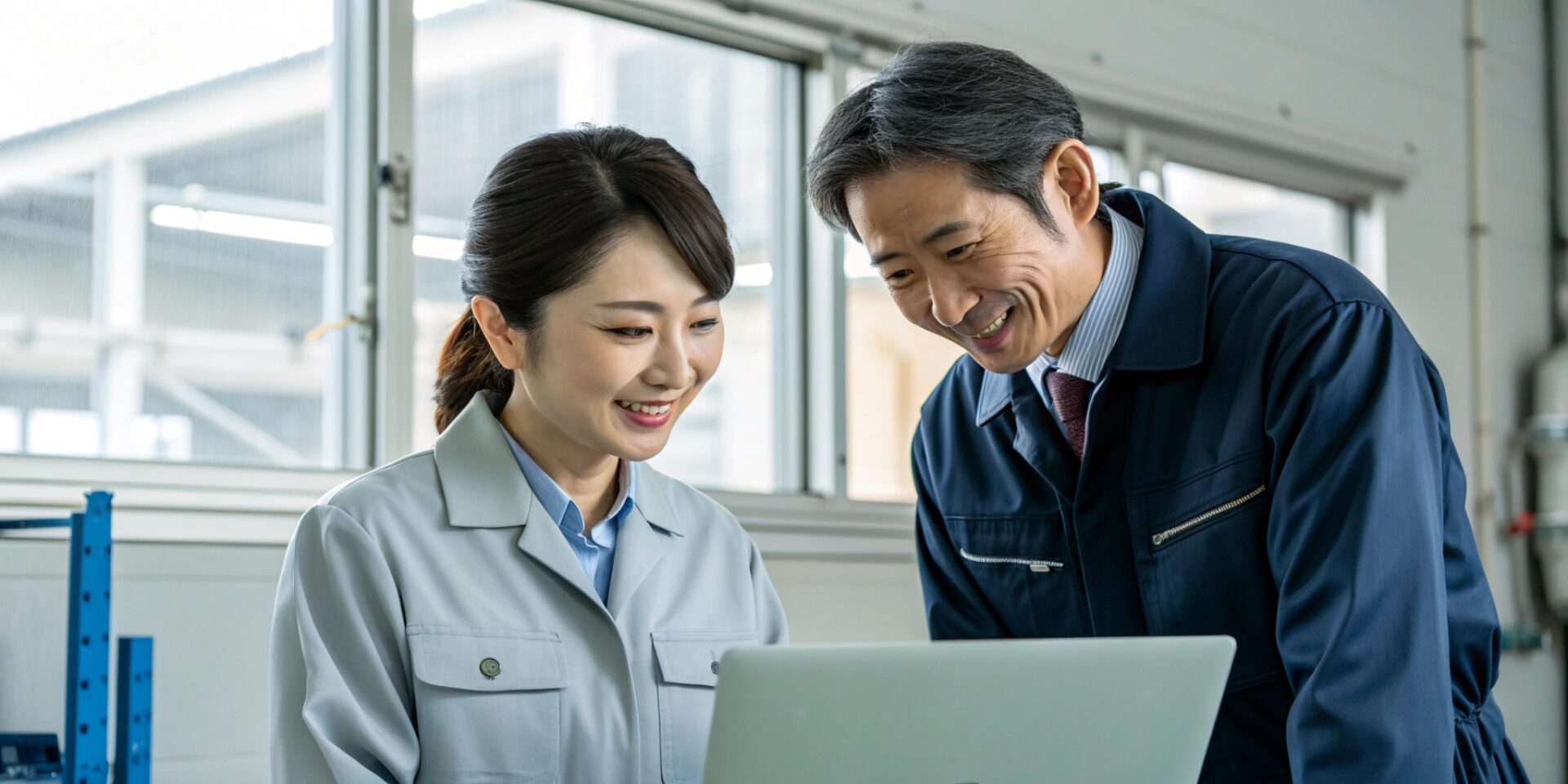 A professional, trust-inspiring scene in a Japanese small-scale factory office. A female Japanese CEO in her 40s is looking at a laptop screen together with a professional male consultant. They are both smiling slightly, looking focused and collaborative. In the background, a glimpse of a clean manufacturing workshop is visible through a window. Natural soft lighting, high-quality photography, realistic textures, cinematic composition. No text.