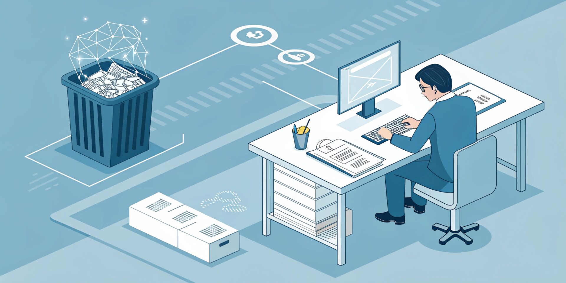 Isometric flat vector illustration of a Japanese IT manager working at a clean office desk. Two paths showing: One path leads to a trash bin with messy, tangled wires representing "bad prompts," the other path leads to a glowing digital crystal representing "structured output." Minimalist business style, professional blue and gray color palette. High quality, corporate DX aesthetic. No text.