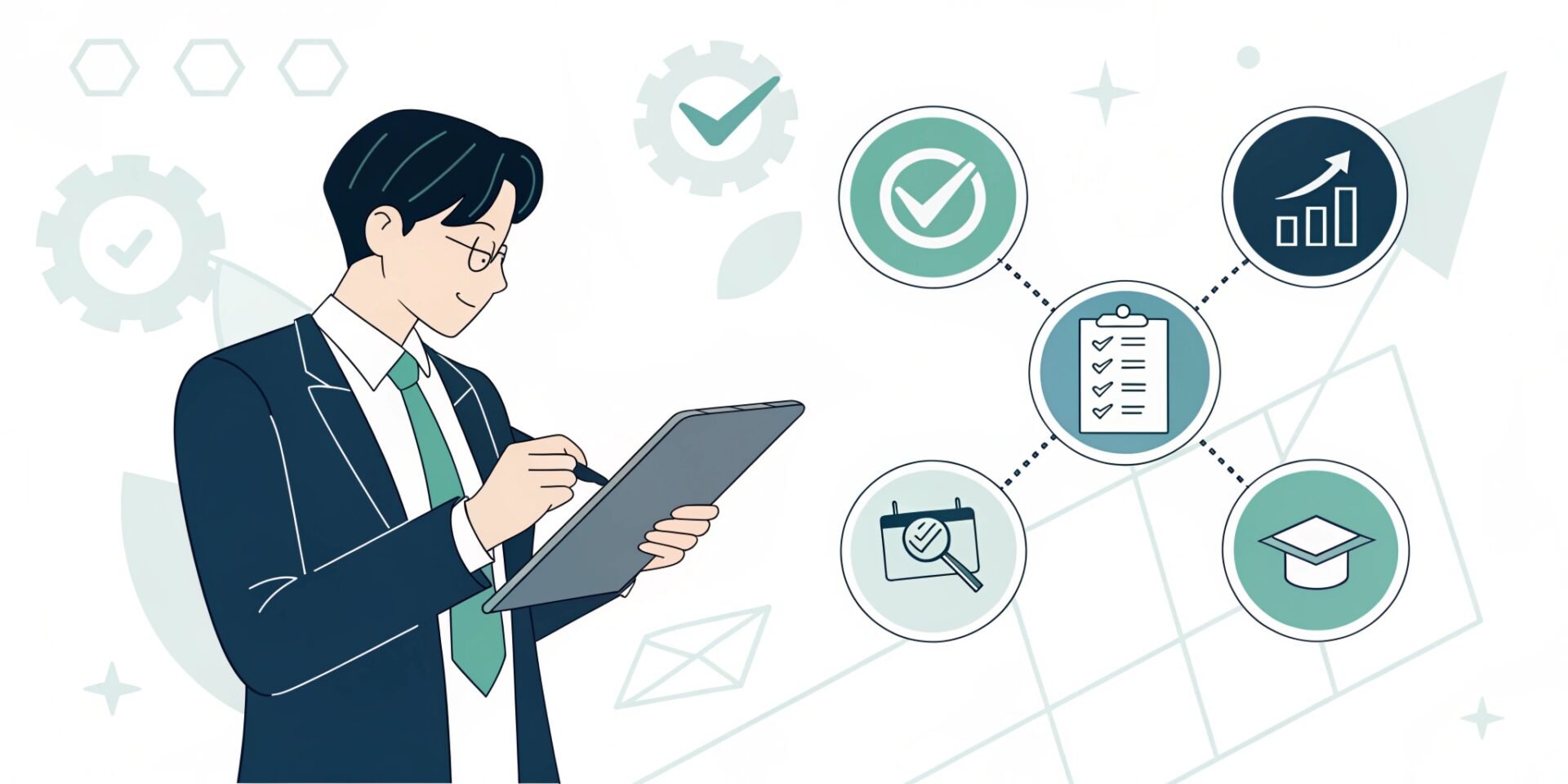 Vector illustration of a professional Japanese consultant holding a digital tablet with a checklist. Surrounding him are 5 minimalist icons representing data security, copyright, and ethics. Clean flat design, corporate color palette (navy blue, white, and soft emerald). Professional and organized atmosphere. Minimalist background with subtle geometric patterns. High quality, sharp edges.