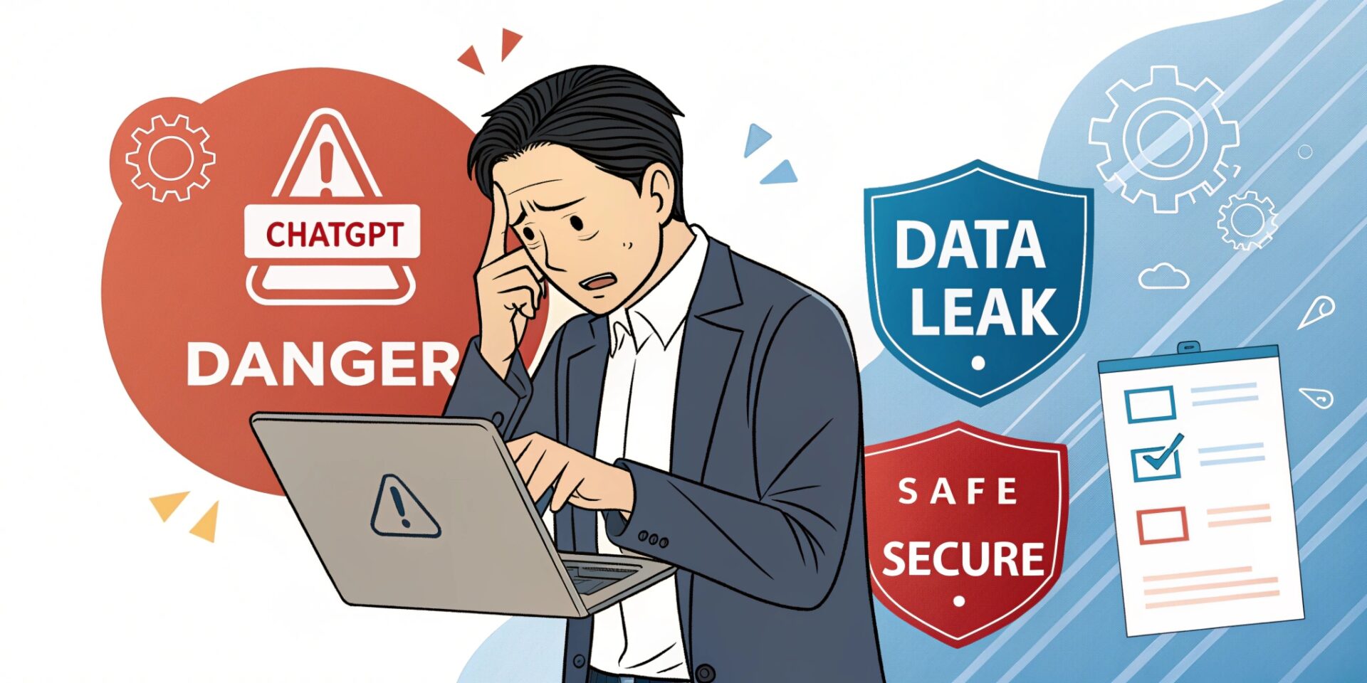 A split-screen vector illustration for a business blog header, targeted at Japanese SME owners. Left Side: A Japanese male IT manager in his 40s looking distressed and anxious, illuminated by a red warning light. Behind him, a stylized ChatGPT logo with red "DANGER" and "DATA LEAK" warning icons. He is holding a laptop which is outputting confidential papers. Right Side: The same manager looking relieved and confident, surrounded by a secure blue shield. He is using a tablet that shows a "SAFE" and "SECURE" AI interface. A stylized Azure OpenAI-style logo is visible. The overall style is a clean, modern digital vector illustration with a color gradient from red to blue, symbolizing "Fear to Trust". The mood is serious yet hopeful.