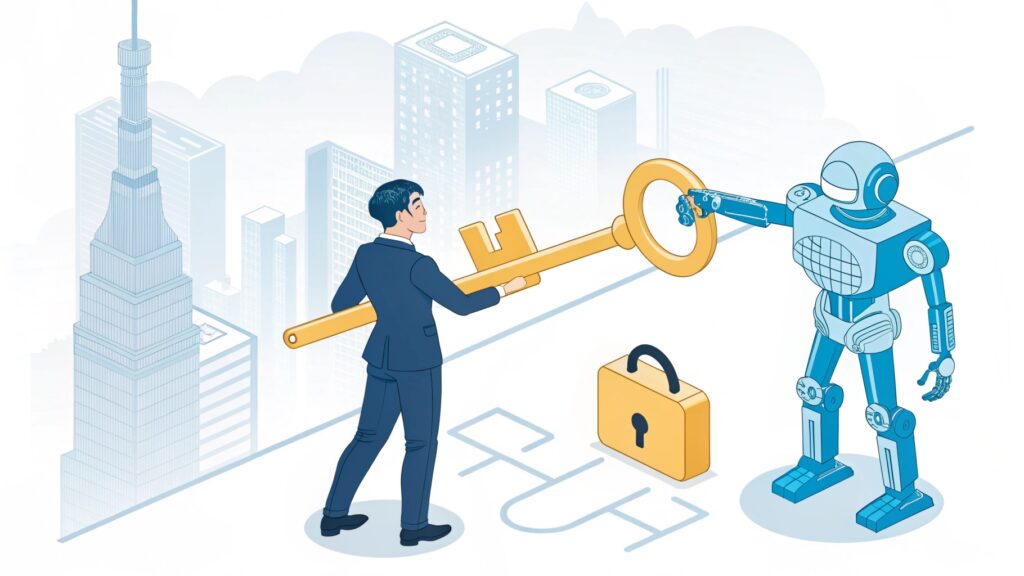 Isometric vector illustration for a business blog. A trustworthy Japanese male manager in a dark blue suit, 40s, standing confidently. He is holding a large, golden key and actively using it to lock or unlock a giant, powerful humanoid AI robot that emits safe, bright blue energy. The background is a clean, modern Tokyo office landscape with digital lines, symbolizing 