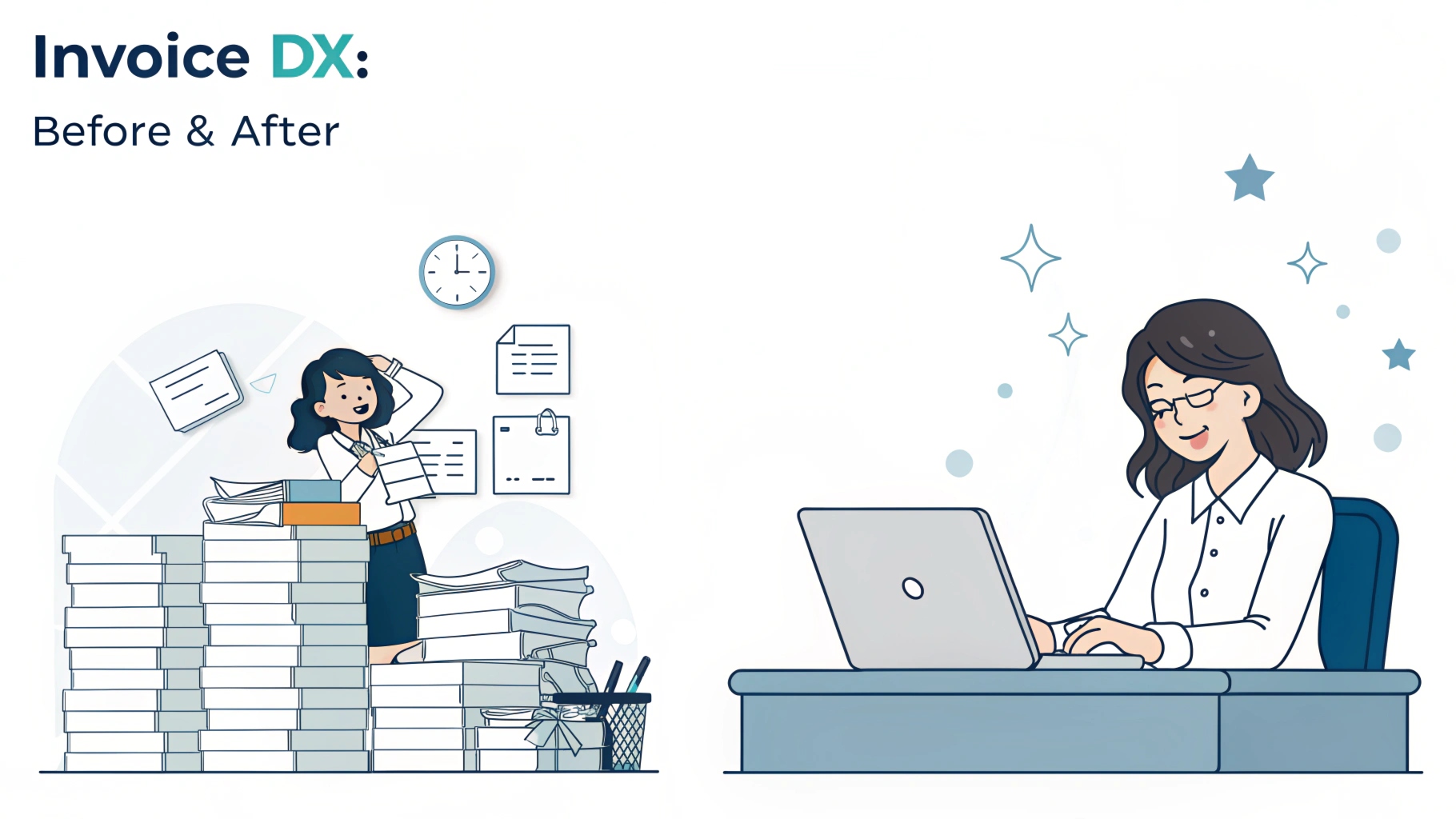 Minimalist modern infographic with clean design, illustrating the transformation of Japanese office work. The title in clean, modern typography is "INVOICE DX: BEFORE & AFTER". On the left (BEFORE), show a cluttered Japanese office desk with stacks of chaotic physical invoices and a stressed Japanese woman worker overwhelmed by manual entry. On the right (AFTER), show the same woman smiling, relaxing, and doing creative work at a clean, paperless desk, with a single digital screen showing organized data. Subtle subtle glowing AI icons (like stars or data points) connecting a digital camera icon to the clean data screen. White and light gray background with blue and cyan accent colors. Vector art style, no additional text on elements.