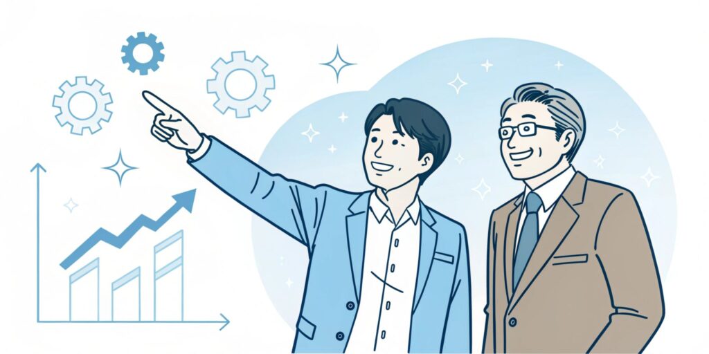 Minimalist illustration style. A friendly Japanese consultant in his late 30s and a Japanese SME president in his 50s are standing side-by-side, pointing forward together. They are looking towards a glowing, simple icon representing business growth (like an upward arrow or a gear). They are both dressed in smart casual attire. The background is a clean, light blue gradient. The feeling is optimistic, collaborative, and forward-looking.